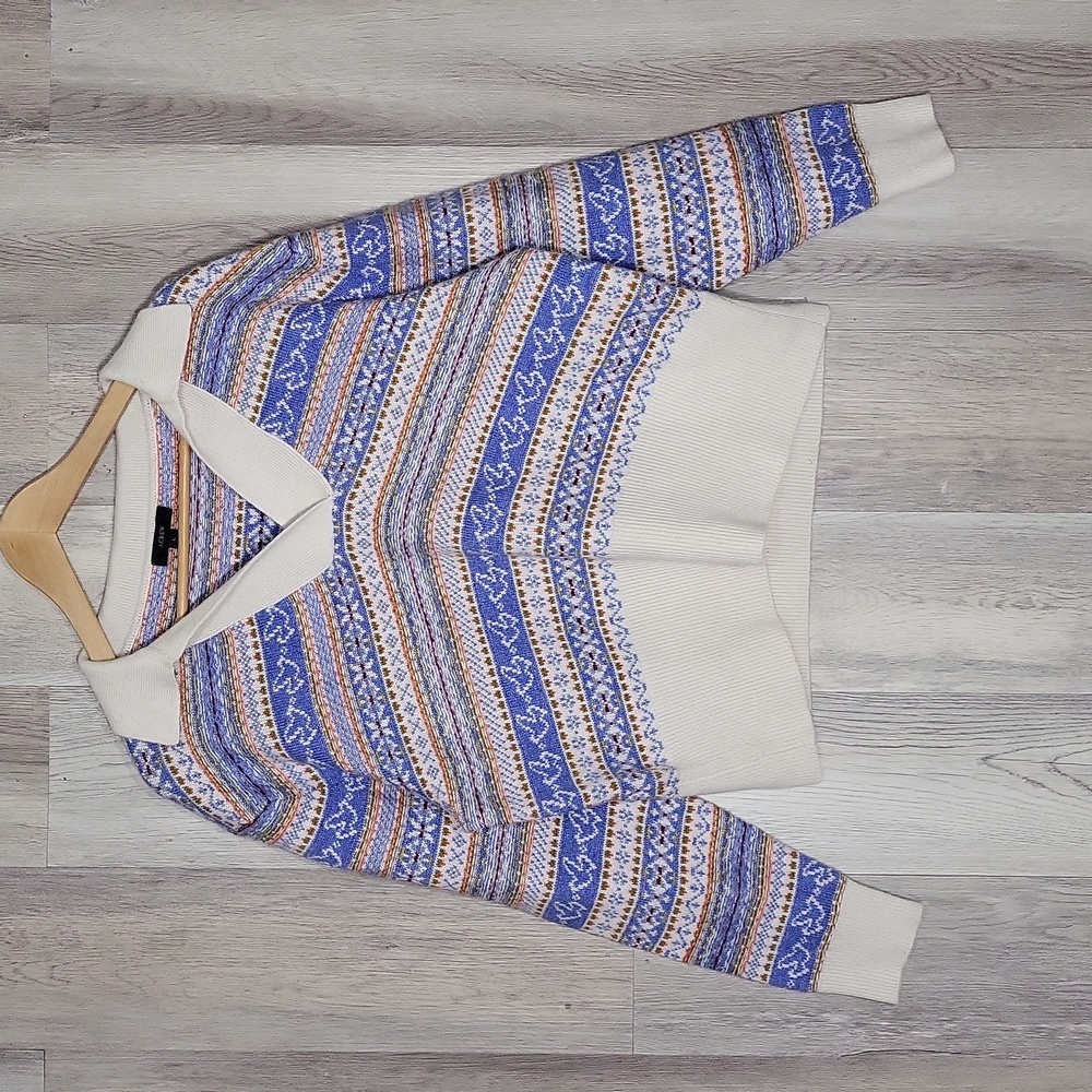 J Crew Womens L Knit Sweater‎ Lambs Wool Blend Fair Isle Collared Preppy